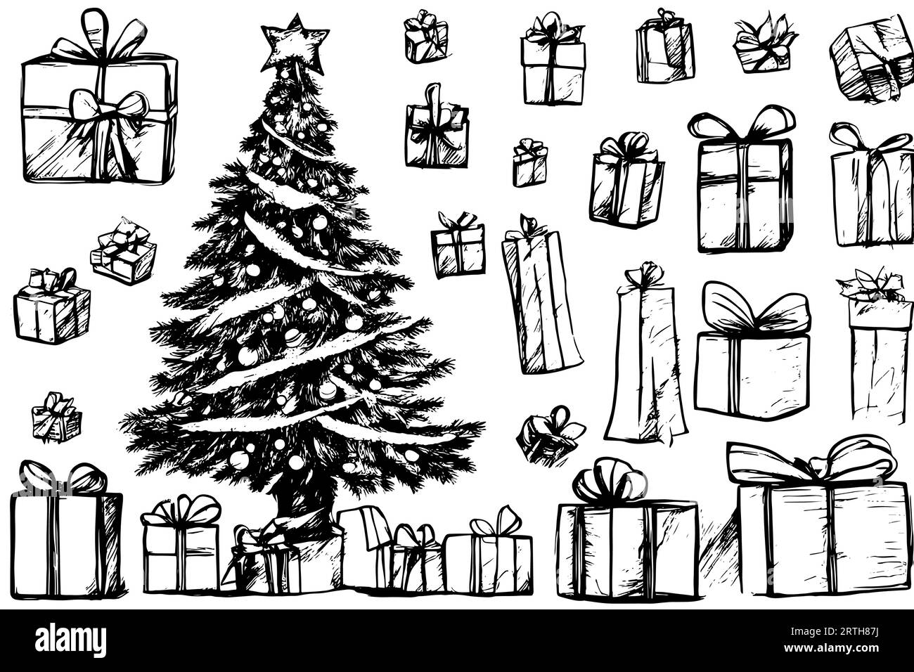 Sketch Hand Drawn Christmas Tree And Presents Vector Illustration Line Art Stock Vector Image