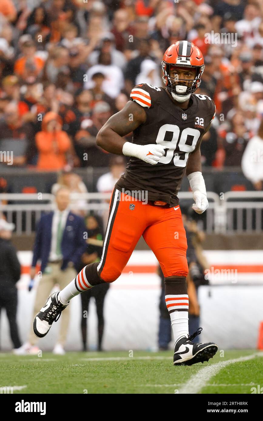 Cleveland Browns defensive end Za'Darius Smith (99) walks off of the field  after an NFL pre-season football game against the Washington Commanders,  Friday, Aug. 11, 2023, in Cleveland. (AP Photo/Kirk Irwin Stock