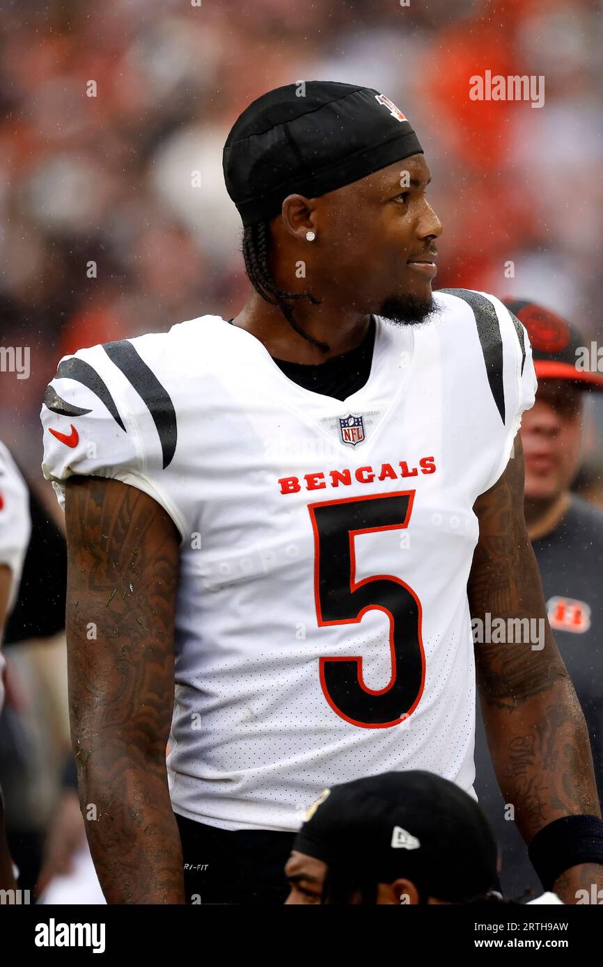 Cincinnati Bengals wide receiver Tee Higgins (5) stands on the sideline  during an NFL football game against the Cleveland Browns, Sunday, Sep. 10,  2023, in Cleveland. (AP Photo/Kirk Irwin Stock Photo - Alamy