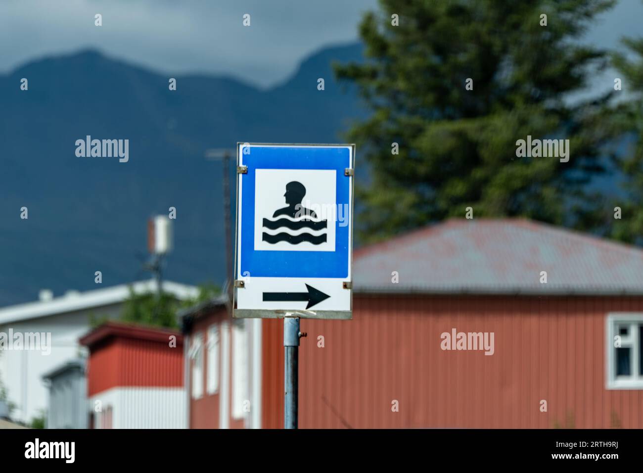 Icelandic road sign indicating a public hot spring swimming pool Stock Photo