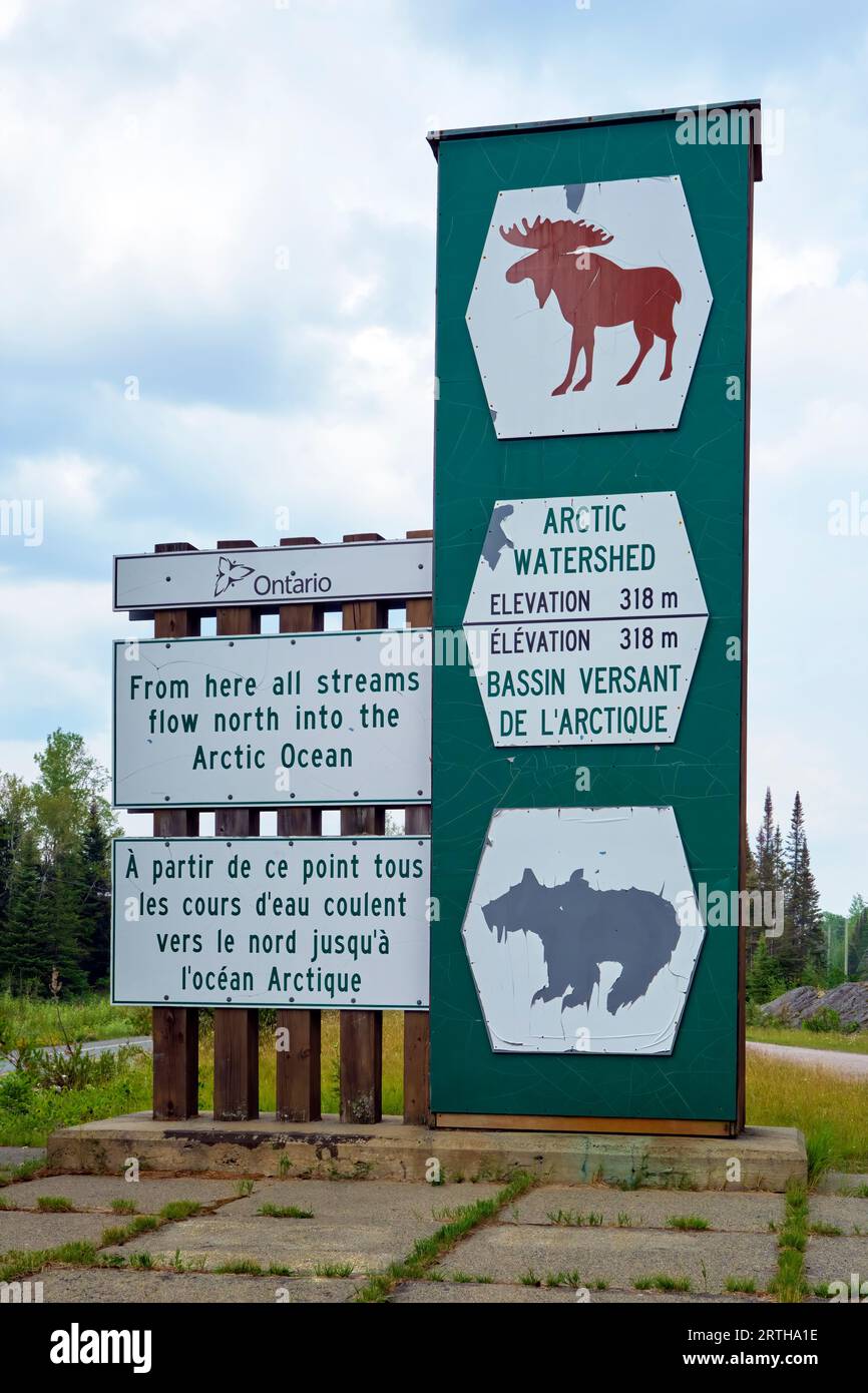 Sign on highway 11 in Ontario Canada with information on the Atlantic and Artic Watershed.  From this point south, all streams feed into the Great Lak Stock Photo