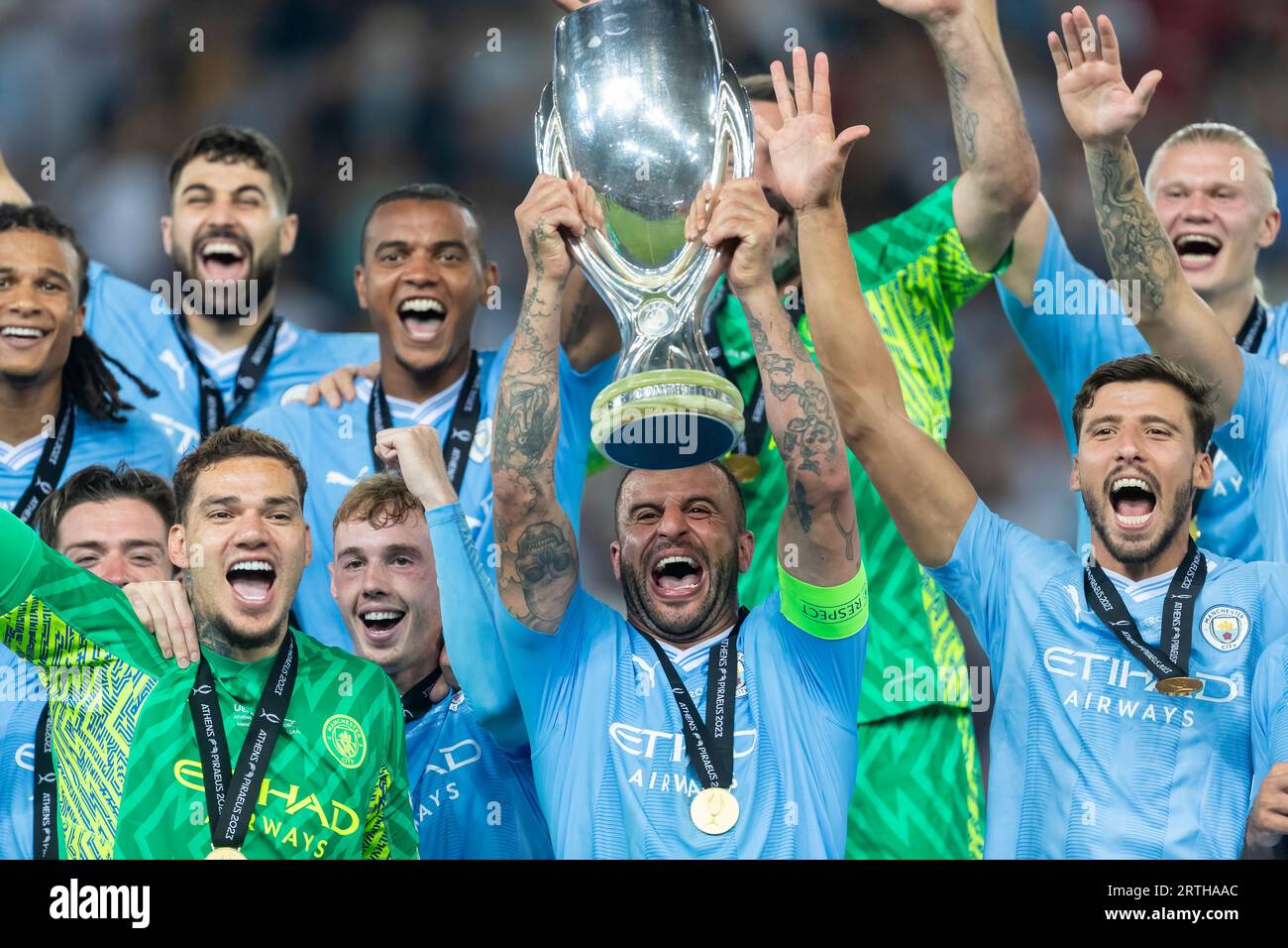 Athens, Greece - August 16,2023: Manchester City celebrate with the trophy after defeating Sevilla FC during the Super Cup final soccer match at Stadi Stock Photo