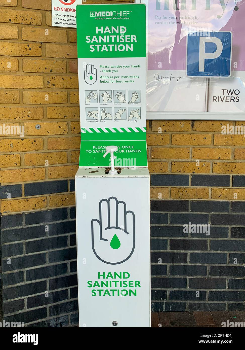 Staines-upon-Thames, Surrey, UK. 11th September, 2023. A hand sanitiser station in a shopping area in Staines-upon-Thames, Surrey. A new Covid-19 variant BA.2.86 known as Pirola is said to be spreading in the UK. From today those over 65, people in care homes, those are Immunocompromised are eligible for the Autumn Covid-19 booster jab. This mean a large section of the UK population will not be eligible for a Covid-19 booster which could mean a high number of positive cases this Autumn. Credit: Maureen McLean/Alamy Live News Stock Photo