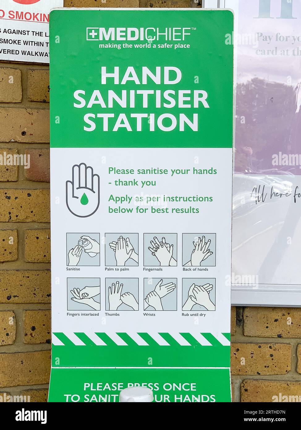 Staines-upon-Thames, Surrey, UK. 11th September, 2023. A hand sanitiser station in a shopping area in Staines-upon-Thames, Surrey. A new Covid-19 variant BA.2.86 known as Pirola is said to be spreading in the UK. From today those over 65, people in care homes, those are Immunocompromised are eligible for the Autumn Covid-19 booster jab. This mean a large section of the UK population will not be eligible for a Covid-19 booster which could mean a high number of positive cases this Autumn. Credit: Maureen McLean/Alamy Live News Stock Photo