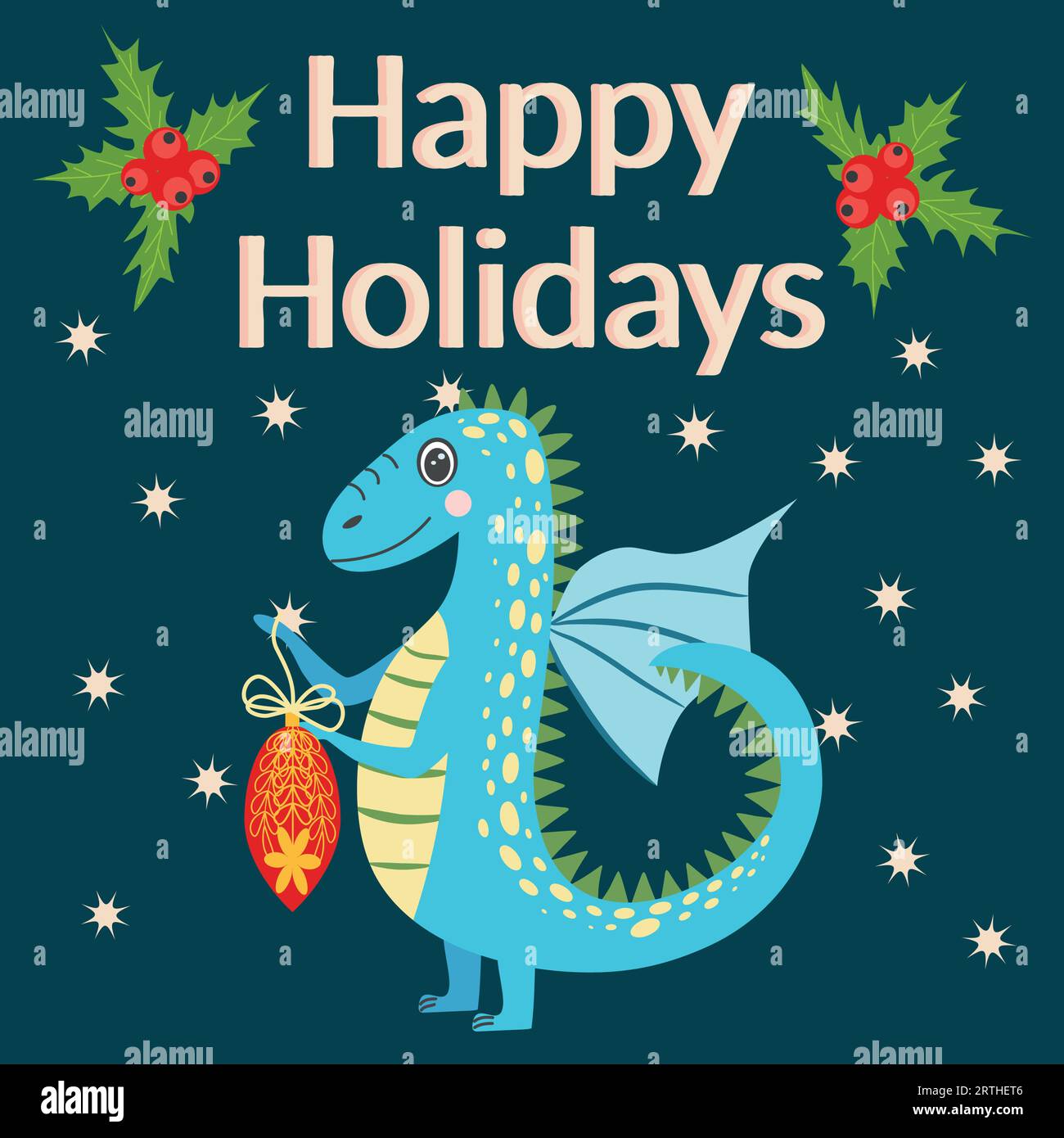 Christmas card with cute dragon. Year of the Dragon 2024, China Stock
