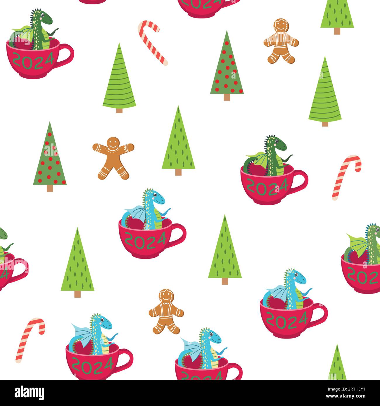 Seamless pattern with cute dragons Christmas design. Chinese New Year