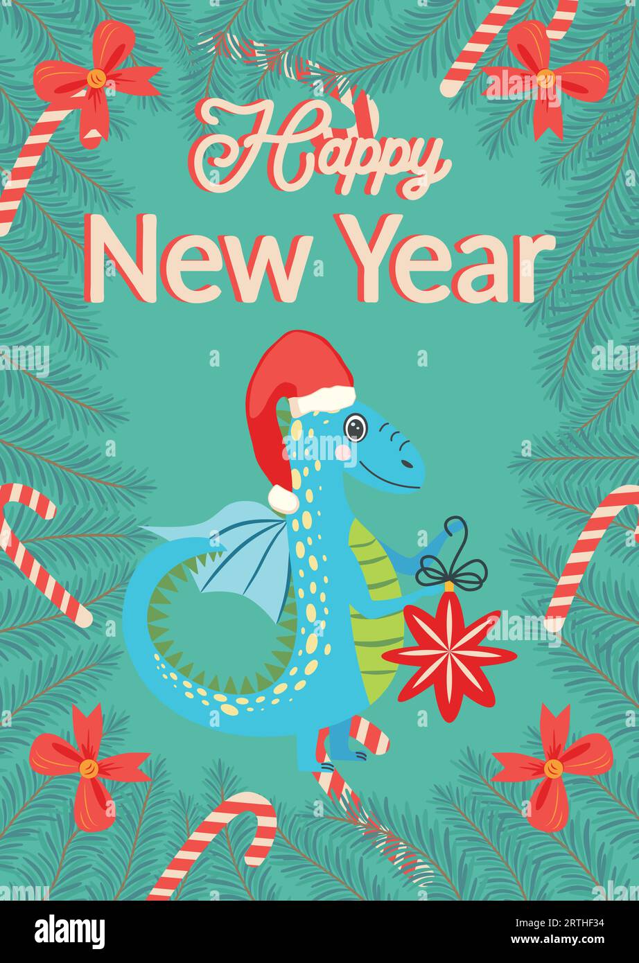 Christmas card with cute green dragon. Year of the Dragon 2024, China