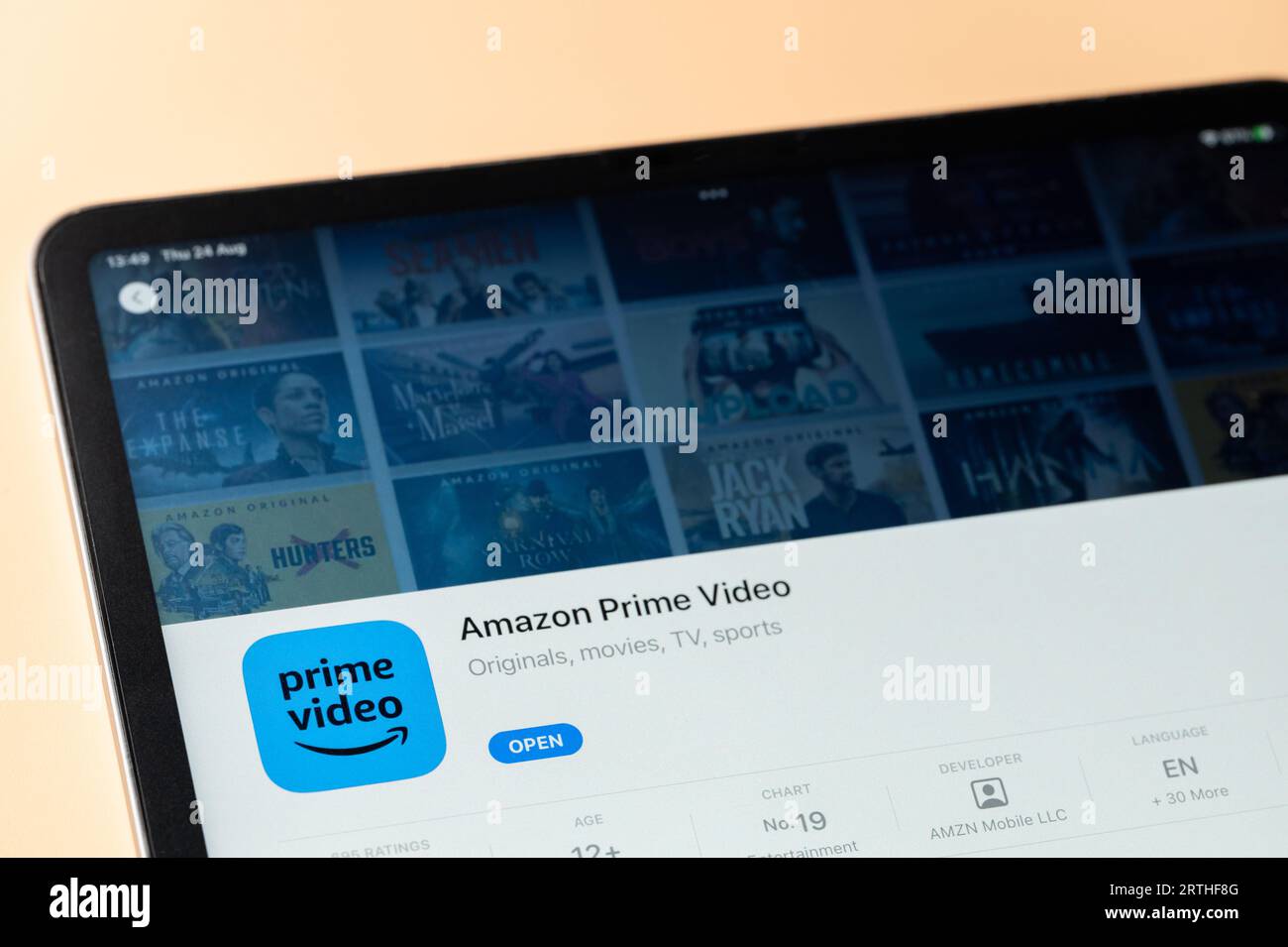 New York, USA - August 24, 2023: Amazon Prime video app in Apple store on ipad tablet screen close up view Stock Photo