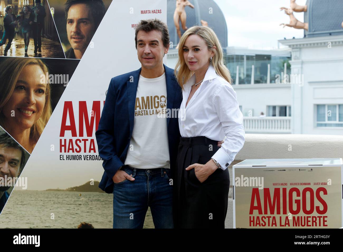 Madrid, Spain, September 12, 2023, The Spanish actor theater, television and film actor, Javier Veiga (L), known for his work as presenter of the Comedy Club on Canal  and the Spanish actress, Marta Hazas (R), know for her performance in the series 'El internado' or 'Velvet', are seen on Tuesday, September 12, 2023, while posing for the media during the presentation of the film 'Amigos hasta la muerte' (by its title in Spanish), directorial debut of actor, in Madrid (Spain). 'Amigos hasta la muerte' will be released in theaters on September 22, after its successful run at several festivals. Th Stock Photo
