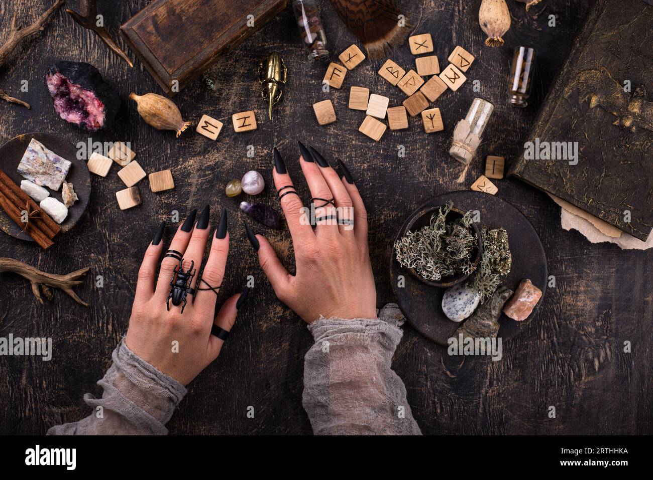 Esoteric magical background with runes. Stock Photo