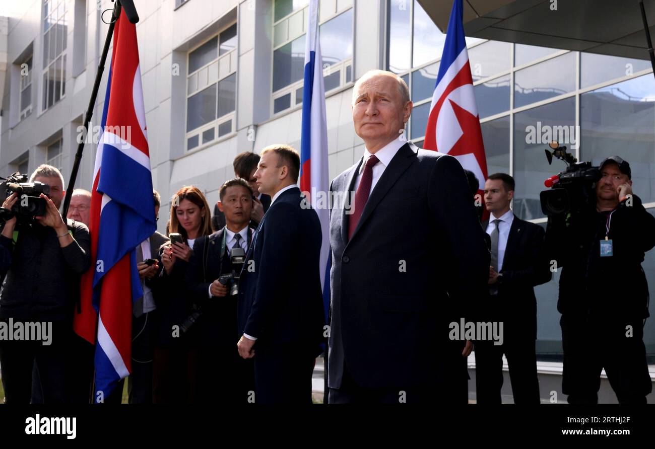 Vostochny Cosmodrome, Russia. 13th Sep, 2023. Russian President Vladimir Putin, center, waits for the arrival of North Korean leader Kim Jong-un at the Vostochny Cosmodrome, September 13, 2023 in the Amur Region, Russia. Credit: Mikhail Metzel/Kremlin Pool/Alamy Live News Stock Photo