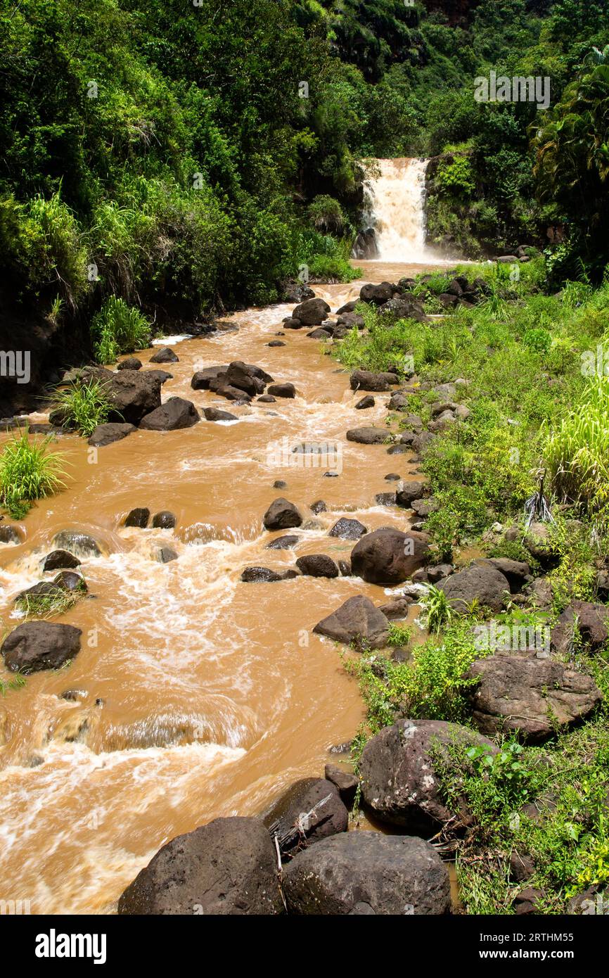 Waimea Falls after heavy rainfall in Waimea Valley on Oahu, Hawaii, USA