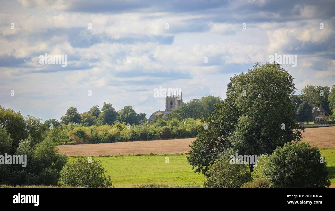 Idyllic view of English countryside with green field and trees in leaf. A church tower rises above the trees in the distance. Stock Photo