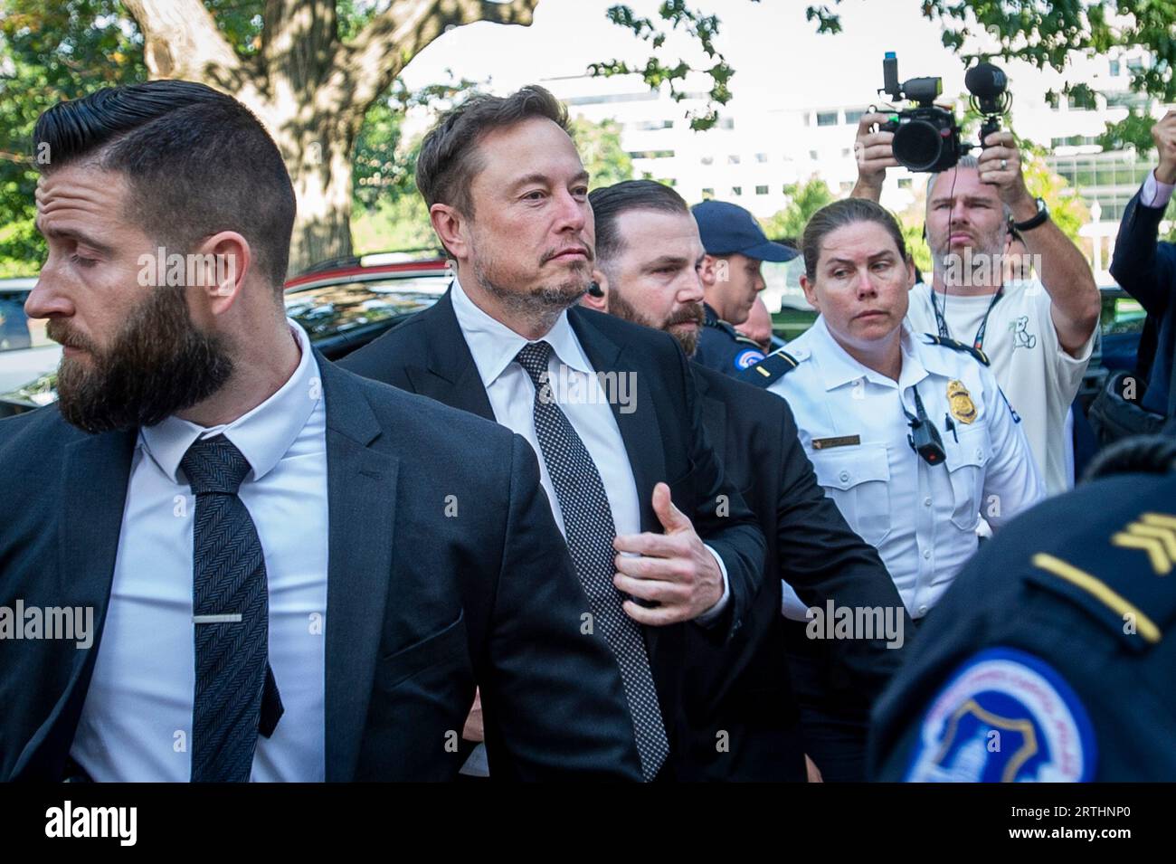 Elon Musk, Chief Executive Officer, Tesla, SpaceX and X (previously known as Twitter) arrives for theInaugural Artificial Intelligence Insight Forum with Key AI Stakeholders to Help Forge Bipartisan Consensus on Legislation to Capitalize on This Transformative Technology, at the Russell Senate Office Building in Washington, DC, Wednesday, September 13, 2023. Credit: Rod Lamkey/CNP Stock Photo