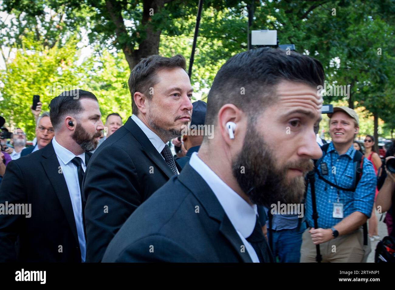 Elon Musk, Chief Executive Officer, Tesla, SpaceX and X (previously known as Twitter) arrives for theInaugural Artificial Intelligence Insight Forum with Key AI Stakeholders to Help Forge Bipartisan Consensus on Legislation to Capitalize on This Transformative Technology, at the Russell Senate Office Building in Washington, DC, Wednesday, September 13, 2023. Credit: Rod Lamkey/CNP Stock Photo