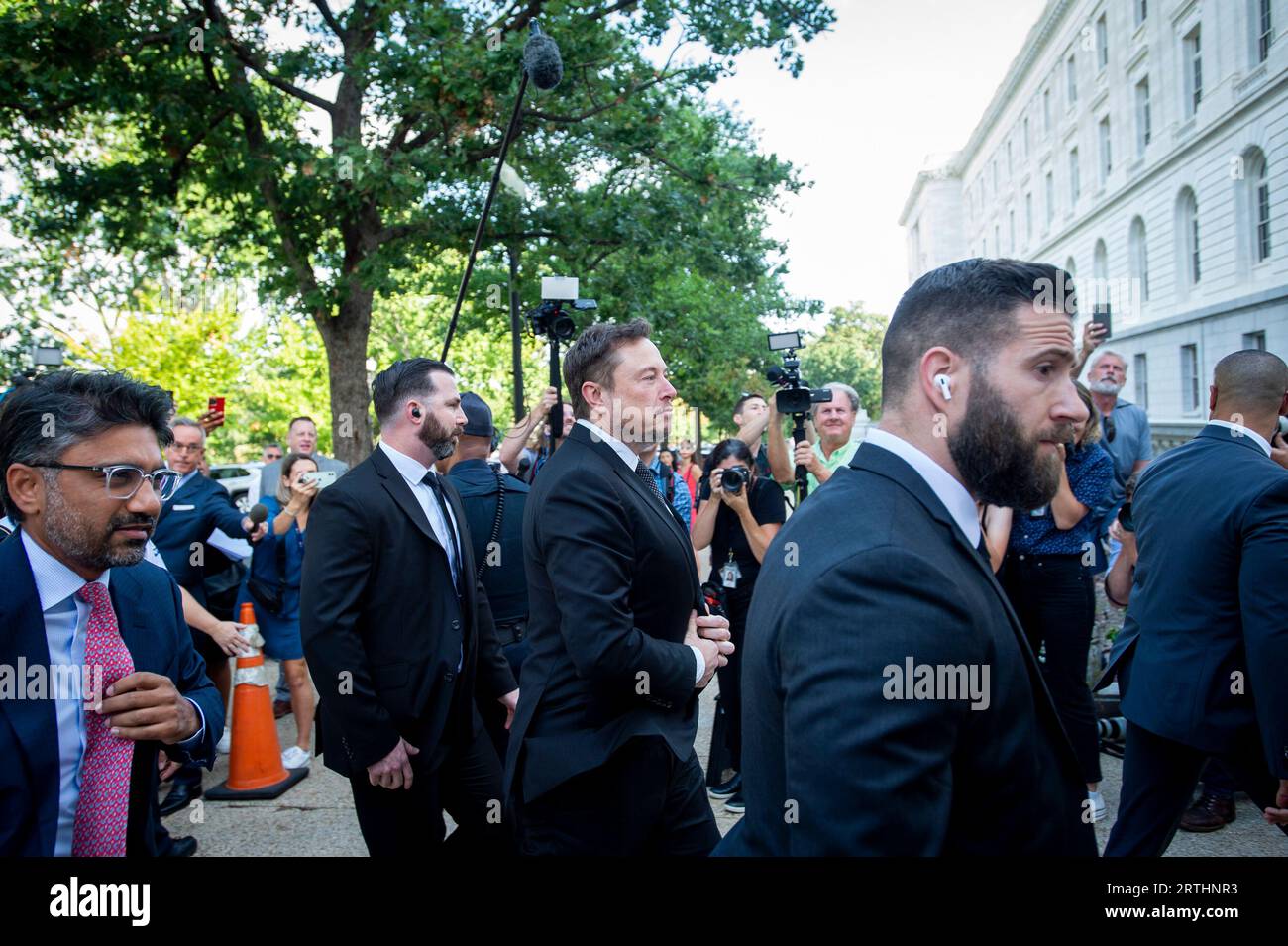 Elon Musk, Chief Executive Officer, Tesla, SpaceX and X (previously known as Twitter) arrives for theInaugural Artificial Intelligence Insight Forum with Key AI Stakeholders to Help Forge Bipartisan Consensus on Legislation to Capitalize on This Transformative Technology, at the Russell Senate Office Building in Washington, DC, Wednesday, September 13, 2023. Credit: Rod Lamkey/CNP Stock Photo