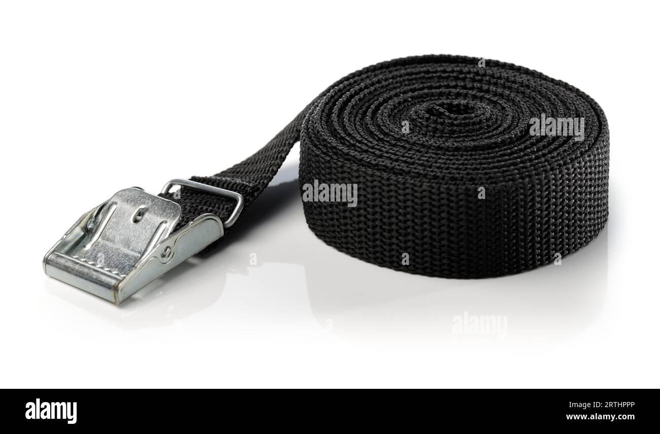 Black nylon cam lock tie down strap isolated on white with natural reflecrtion Stock Photo Alamy