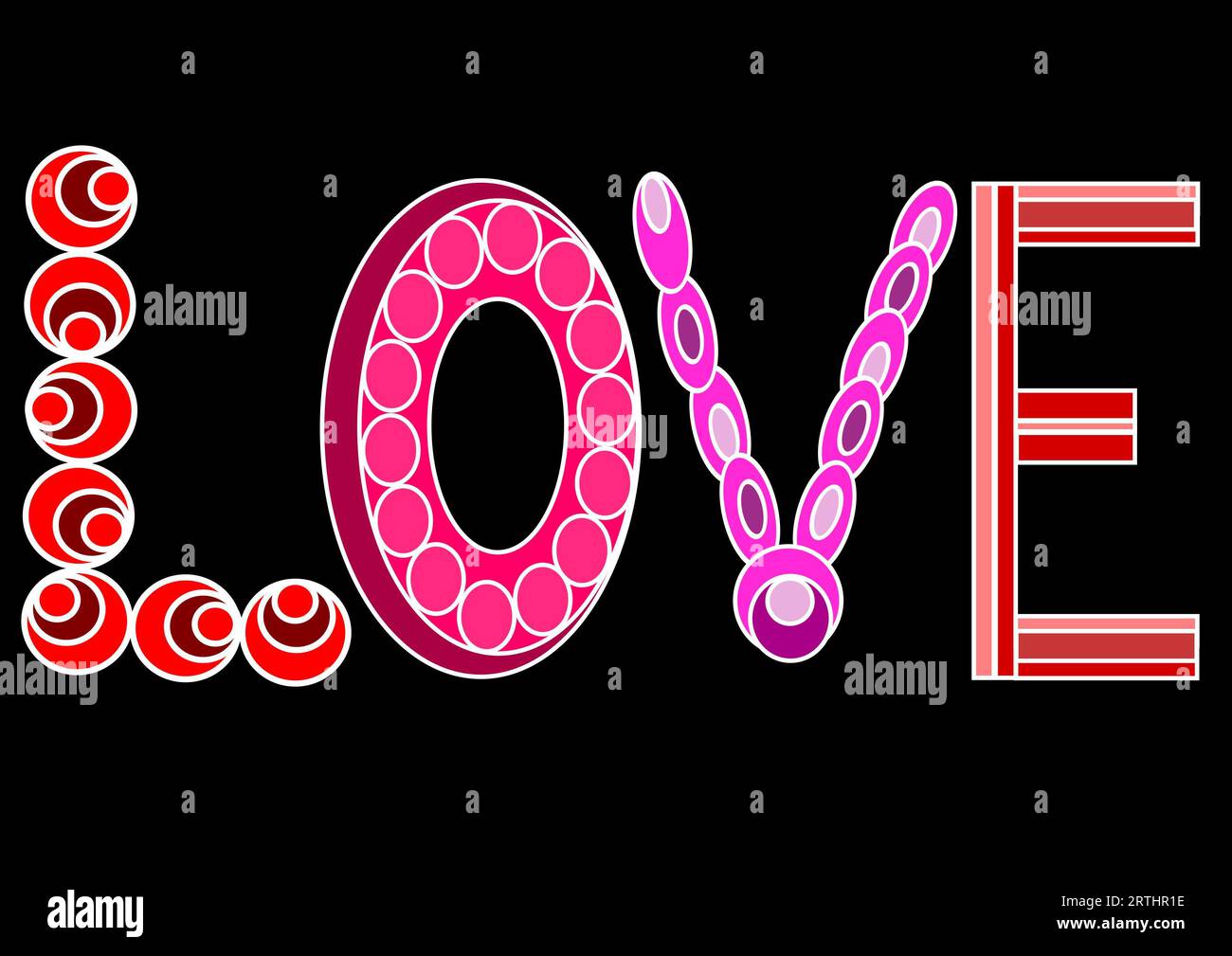 LOVE, 70s style, graphic, black background Stock Photo