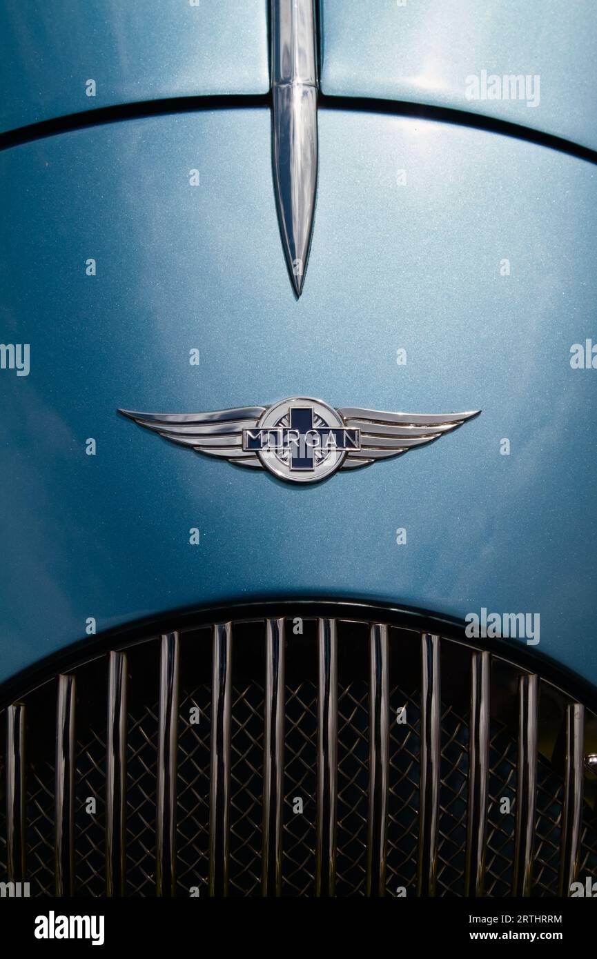 Detail Of The Bonnet, Grill And Badge Of A 2008 Morgan Aero 8 Blue Motor Sports Car, England UK Stock Photo