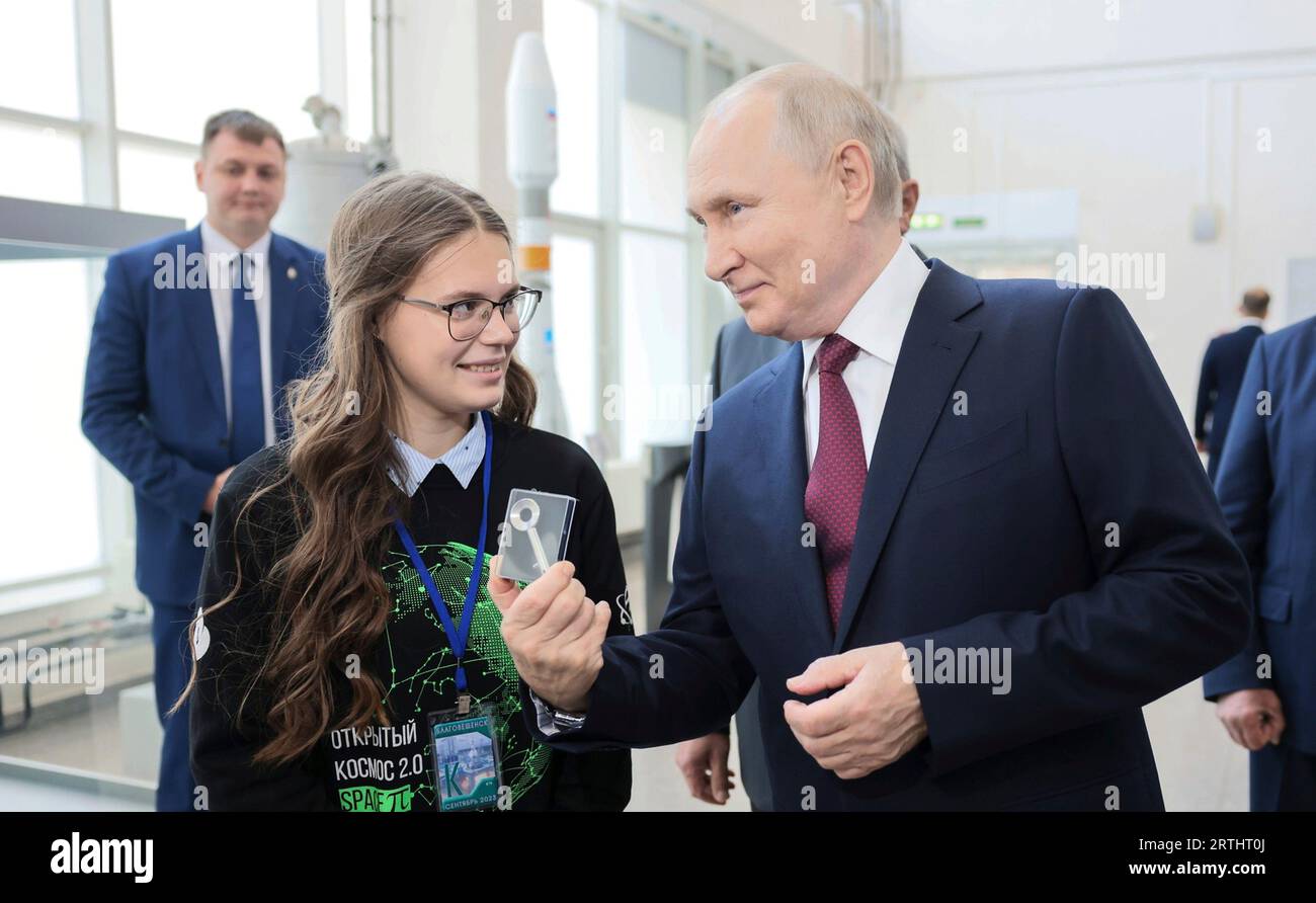 Vostochny Cosmodrome, Russia. 13th Sep, 2023. Russian President Vladimir Putin, right, speaks with Mariya Andreyeva, a schoolgirl who is engaged in developing space satellites together with Classical Lyceum No 1 in Rostov-on-Don at the Vostochny Cosmodrome, September 13, 2023 in the Amur Region, Russia. Credit: Mikhail Metzel/Kremlin Pool/Alamy Live News Stock Photo