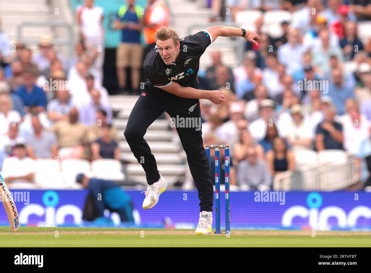 London, UK. 13th Sep, 2023. New Zealand's Kyle Jamieson bowling as England take on New Zealand in the 3rd Metro Bank One Day International at The Kia Oval Credit: David Rowe/Alamy Live News Stock Photo
