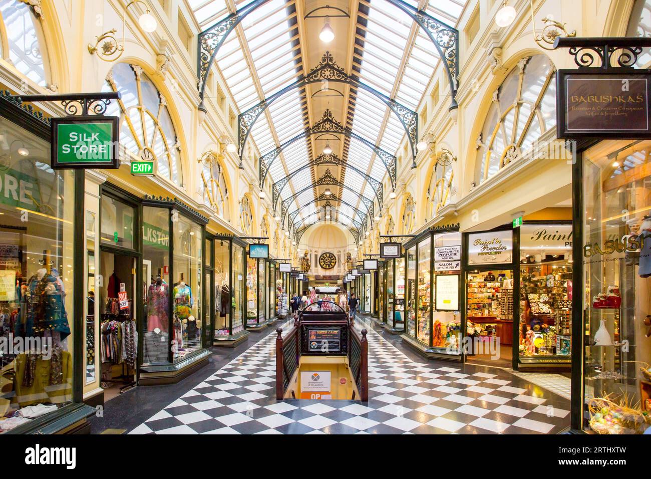 Melbourne, Australia, March 22, 2016: Melbourne's famous Royal Arcade shopping centre during the day with shoppers Stock Photo