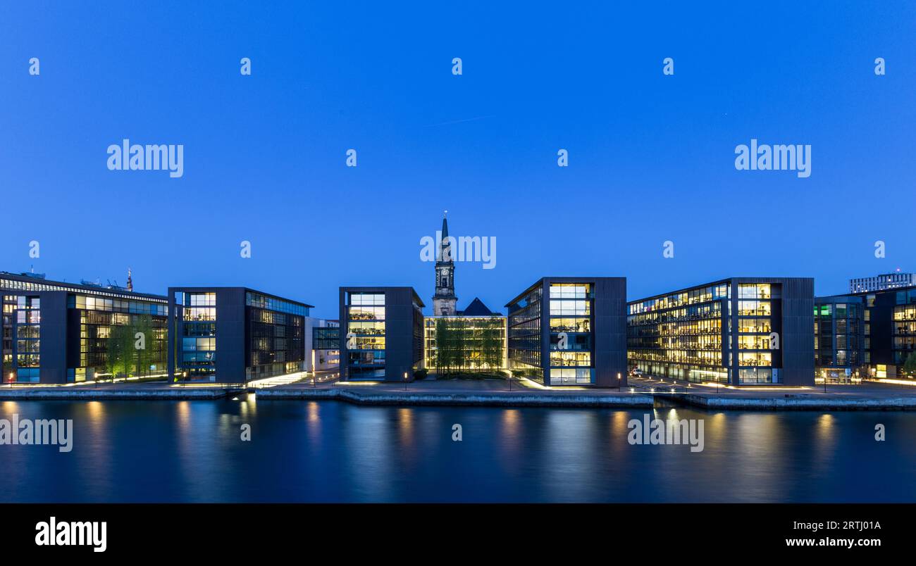 Copenhagen, Denmark, May 11, 2016: Panoramic view of the harbour with Nordea Bank and Christian Church at night Stock Photo
