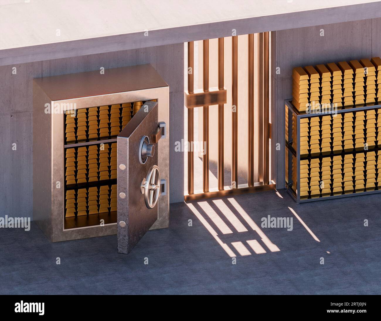 Bank vault, gold bars and gold reserves. Armored safe. Keep your savings safe, invest in noble metals. Safe investments. Bank robbery. 3d rendering Stock Photo