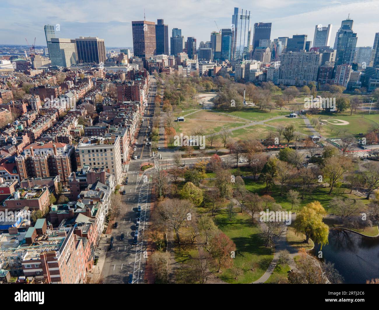 Aerial view of Beacon Street, Beacon Hill, Boston Common and Public Garden with the downtown skyline in the background Stock Photo