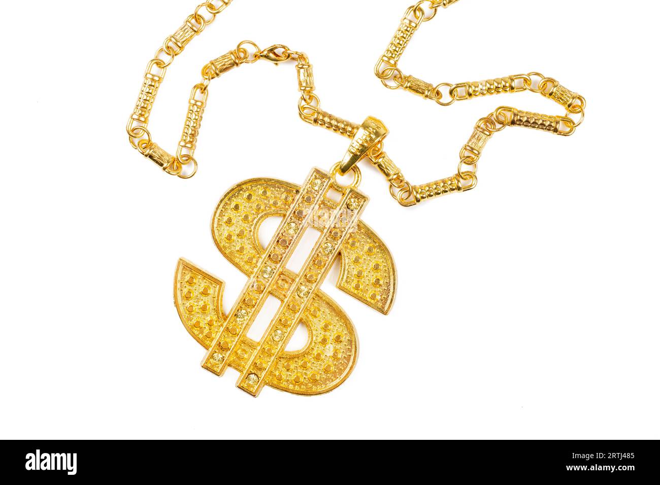 Gold dollar necklace on white background Stock Photo
