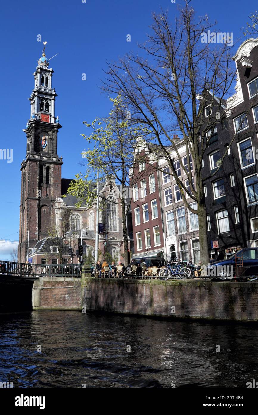 View from the Prinsengracht to the Westerkerk in Amsterdam, Netherlands Stock Photo
