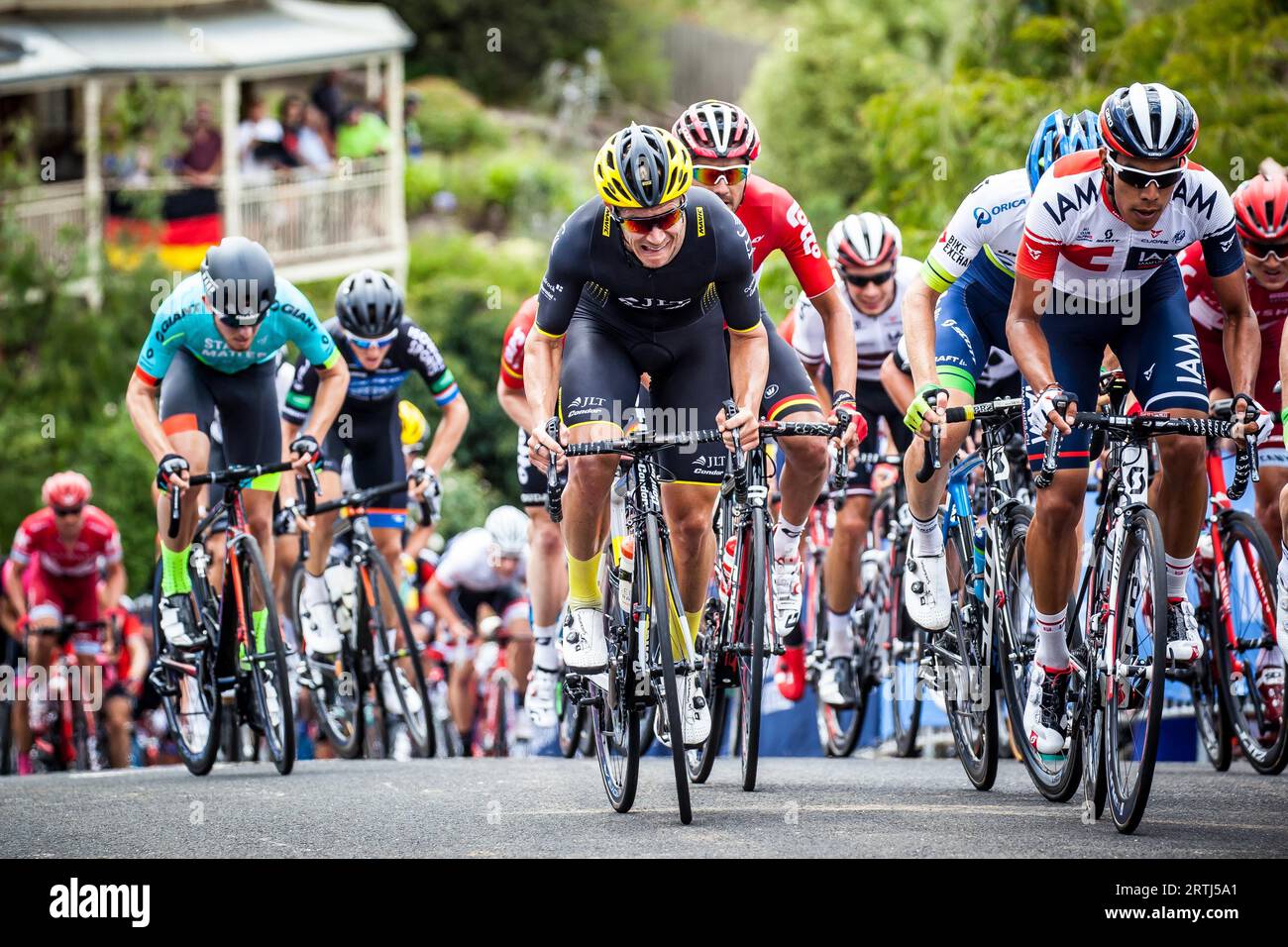 GEELONG, AUSTRALIA, JANUARY 31: Riders attack the Montpellier Climb during the Men#39, s Elite Road Race Stock Photo