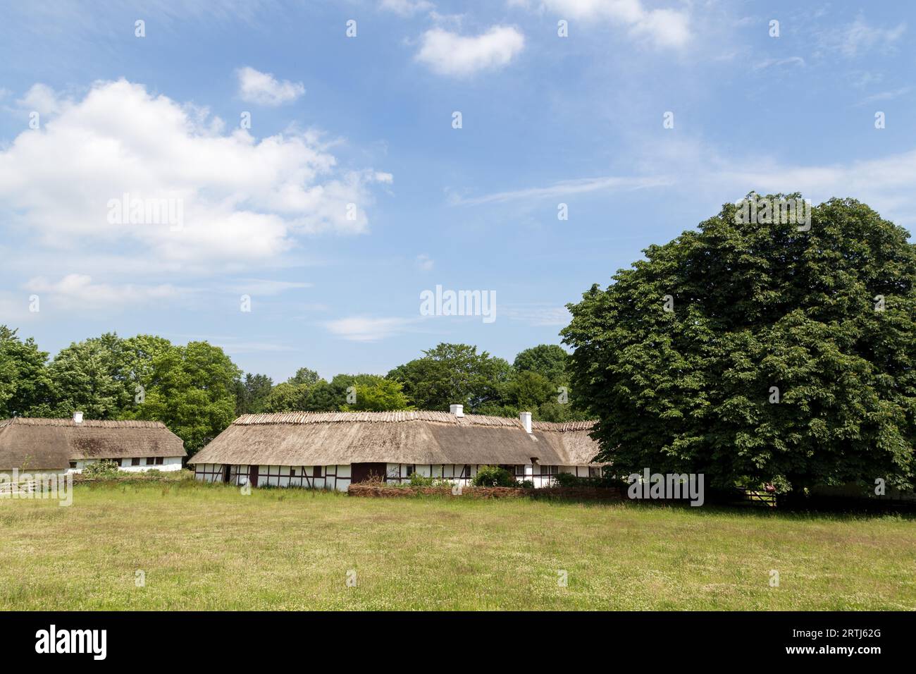 Lyngby, Denmark, June 23, 2016: Ancient danish half-timbered farmhouses with straw roof Stock Photo
