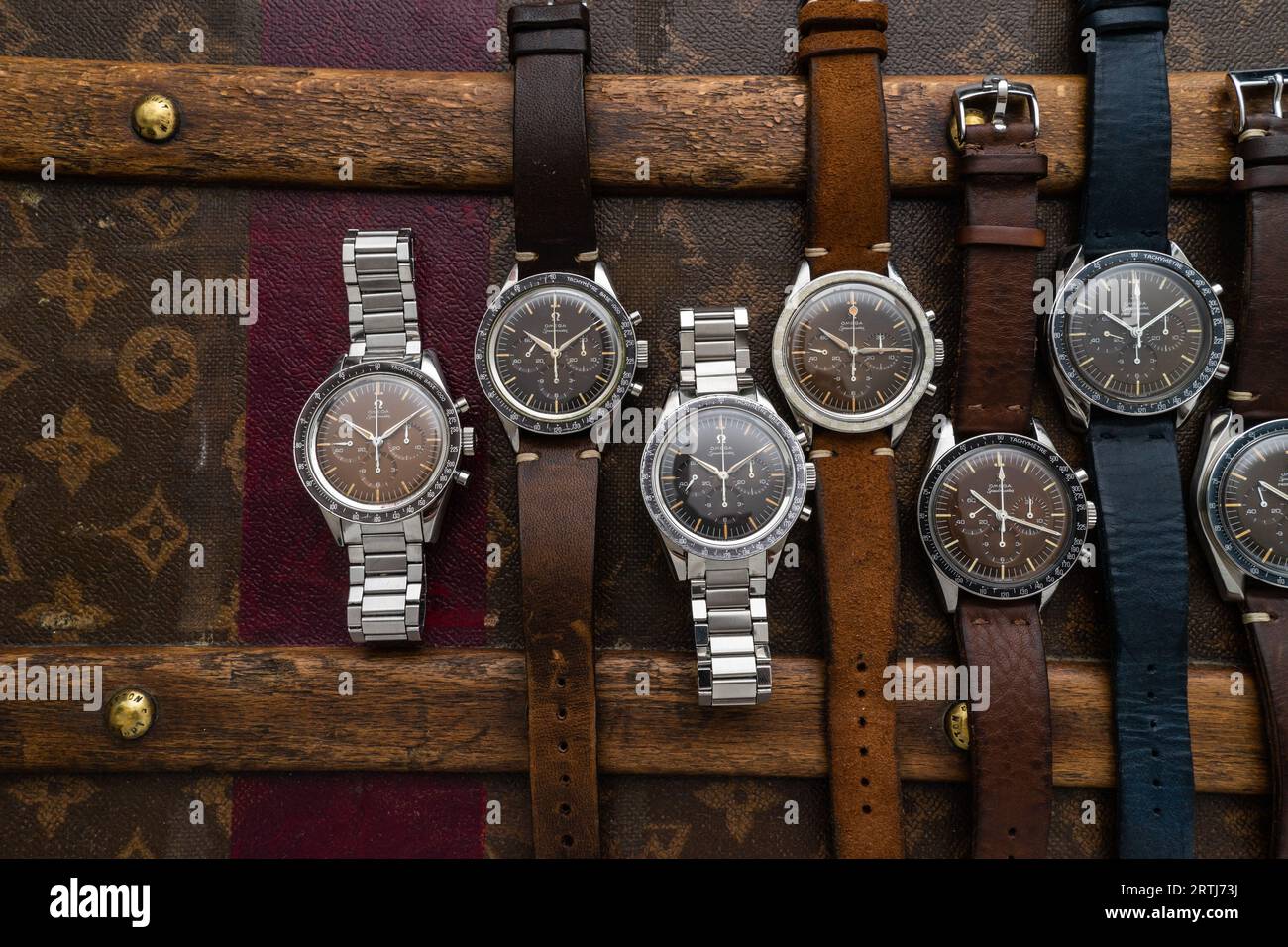 Vintage Omega Speedmaster shoot on top of an old riveted Louis