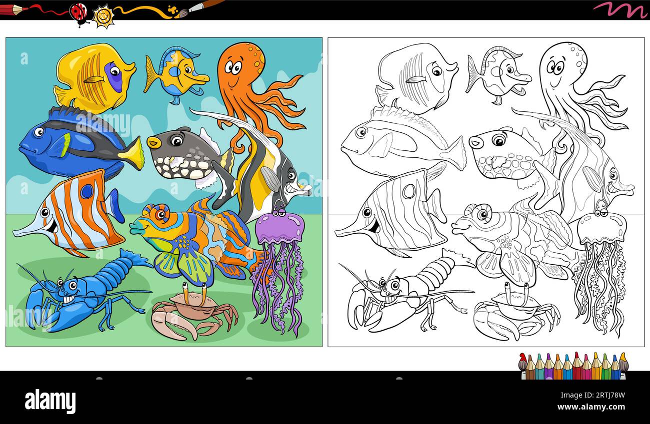 Cartoon illustration of fish and sea life animal characters group coloring page Stock Vector