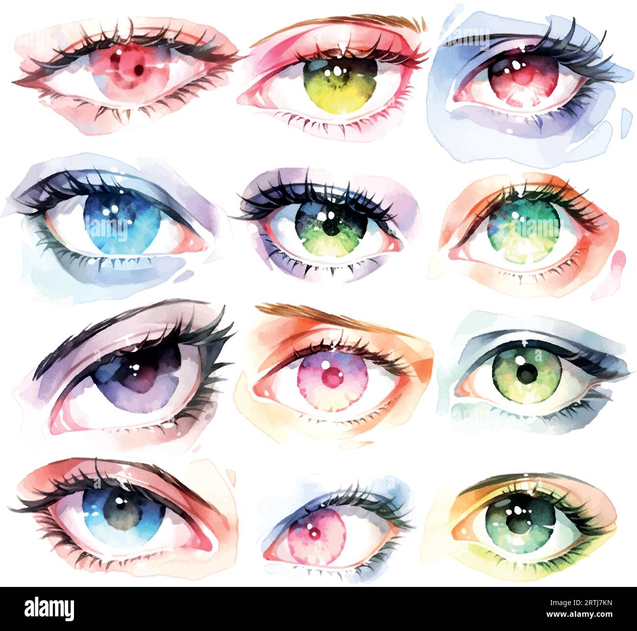Anime eyes set watercolor in japanese style on white background Stock