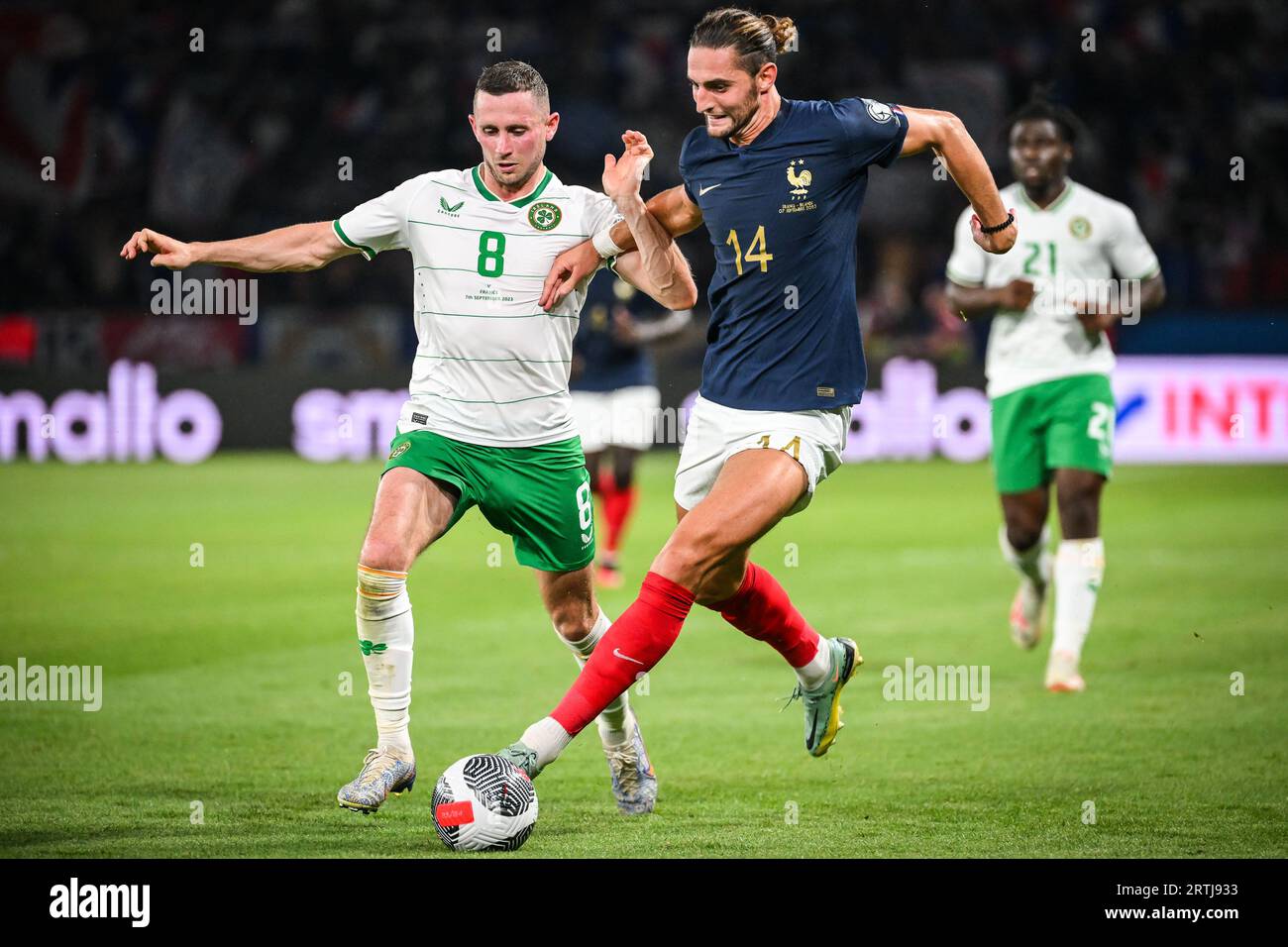 Paris, France. 07th Sep, 2023. Alan BROWNE of Ireland and Adrien RABIOT of France during the UEFA Euro 2024, European Qualifiers Group B football match between France and Republic of Ireland on September 7, 2023 at Parc des Princes stadium in Paris, France - Photo Matthieu Mirville/DPPI Credit: DPPI Media/Alamy Live News Stock Photo