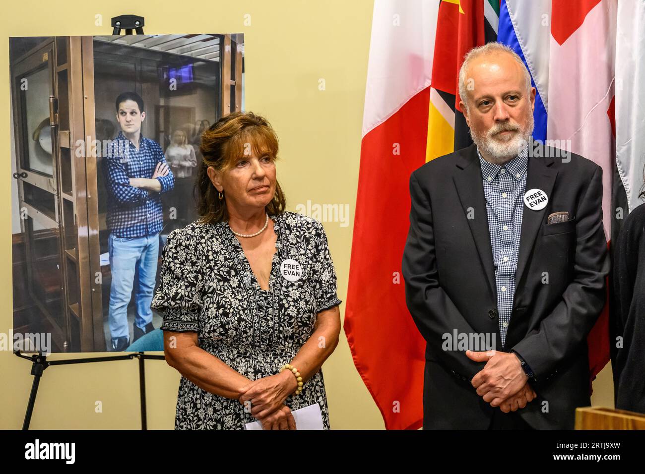 New York, USA. 13th Sep, 2023. Parents of journalist Evan Gershkovich stand by a portrait of their son and US Ambassador to the United Nations Thomas-Greenfield (not pictured) as they call for his immediate release from Russia, where he has been imprisoned since March. L-R: mother Ella Milman Gershkovich, father Mikhail Gershkovich. Credit: Enrique Shore/Alamy Live News Stock Photo