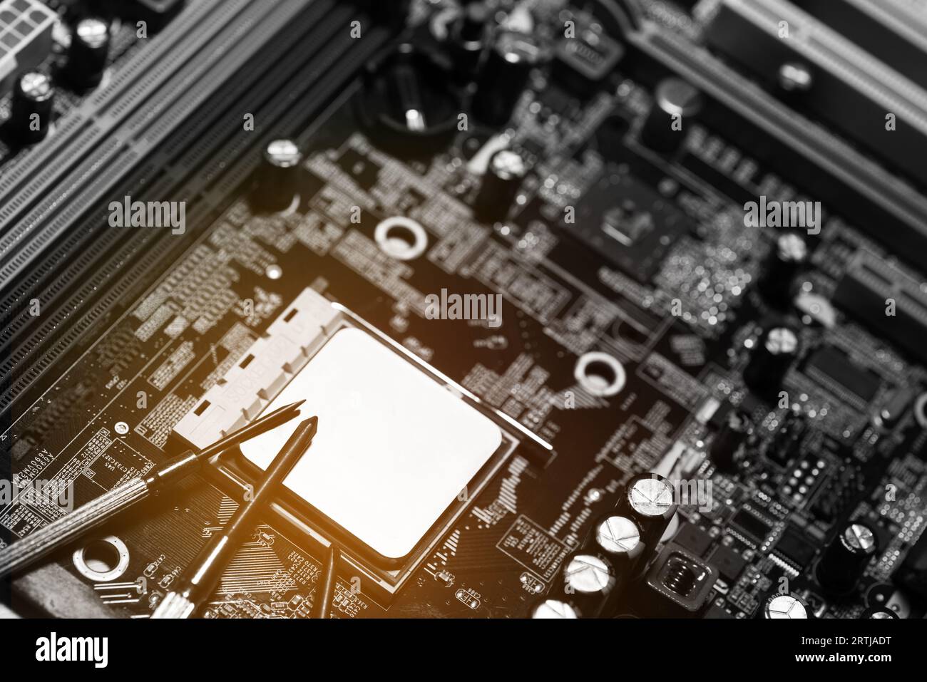 Computer repair. Motherboard, processor and screwdriver close-up Stock ...