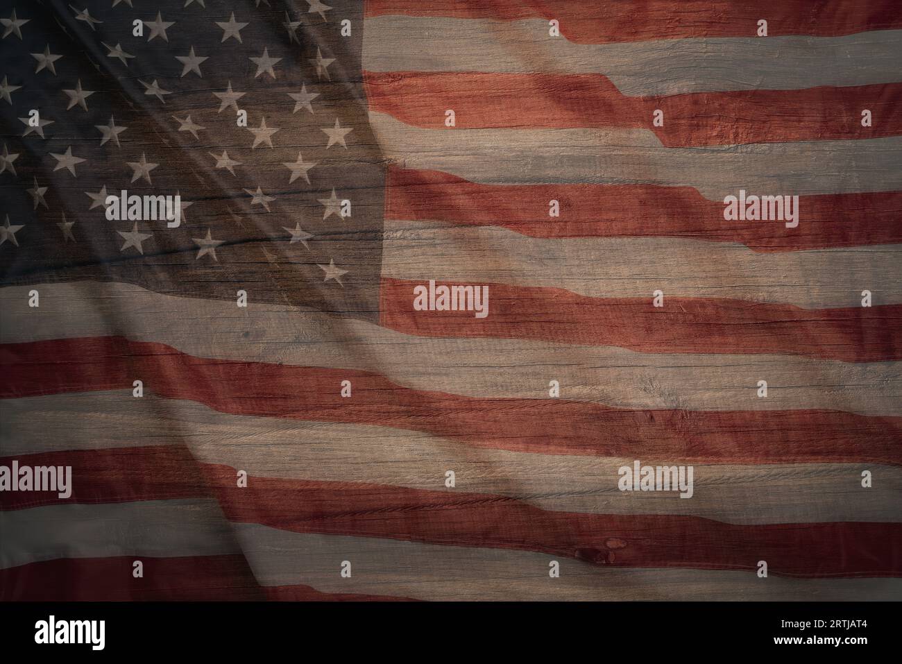 Wooden American Vintage Stage Background. Stage with Painted Aged American Flag Paint. Stock Photo
