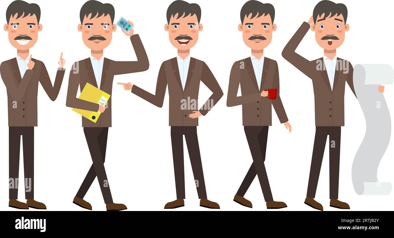 Businessman with mustache character set with different poses Stock Vector