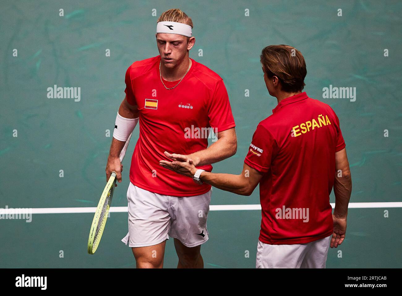 Spain's Alejandro Davidovich Fokina against Czech Republic's Jiri Lehecka during the group stage men's singles match between Spain and Czech Republic of the Davis Cup tennis tournament at the Fuente San Luis Sports Hall in Valencia on September 13, 2023. Stock Photo