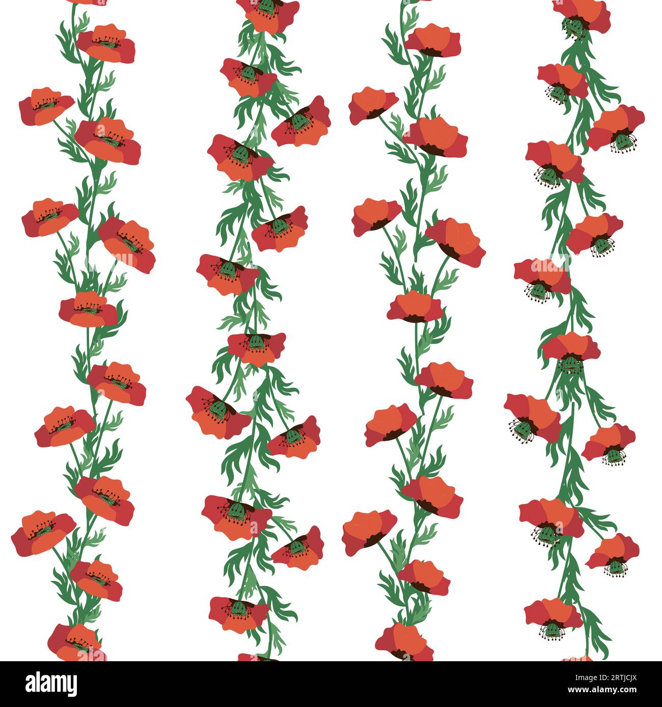 Summer seamless pattern with bright red poppy flowers and poppy pods. Field, meadow of poppies. Garland, flower border Stock Vector