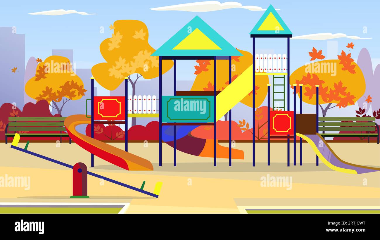 Kids playground with playing equipment, autumn trees Stock Vector Image