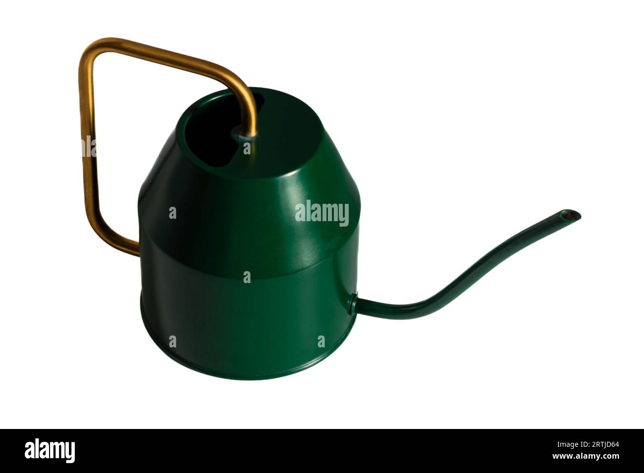Decorative green watering can with a yellow handle for watering indoor flowers on a white background. Stock Photo