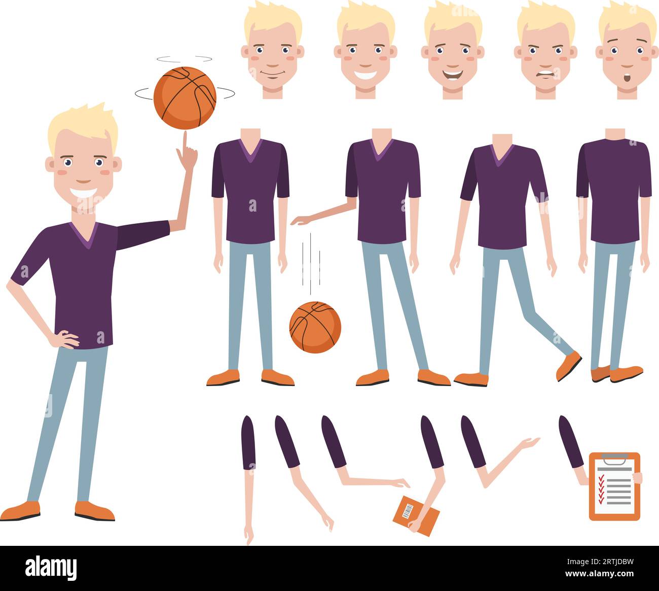 Successful handsome high school basketball player character set Stock