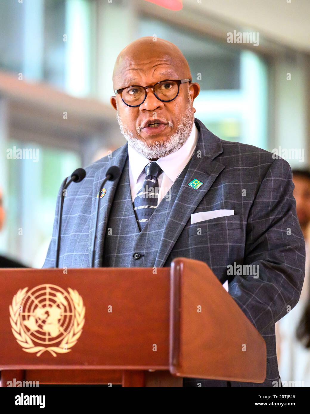 New York, USA. 13th Sep, 2023. Dennis Francis of Trinidad and Tobago, President of the United Nations Seventy-Eighth General Assembly, speaks at the UN Headquarters, during a ceremony on the occasion of the 42nd Anniversary of the International Day of Peace. Credit: Enrique Shore/Alamy Live News Stock Photo