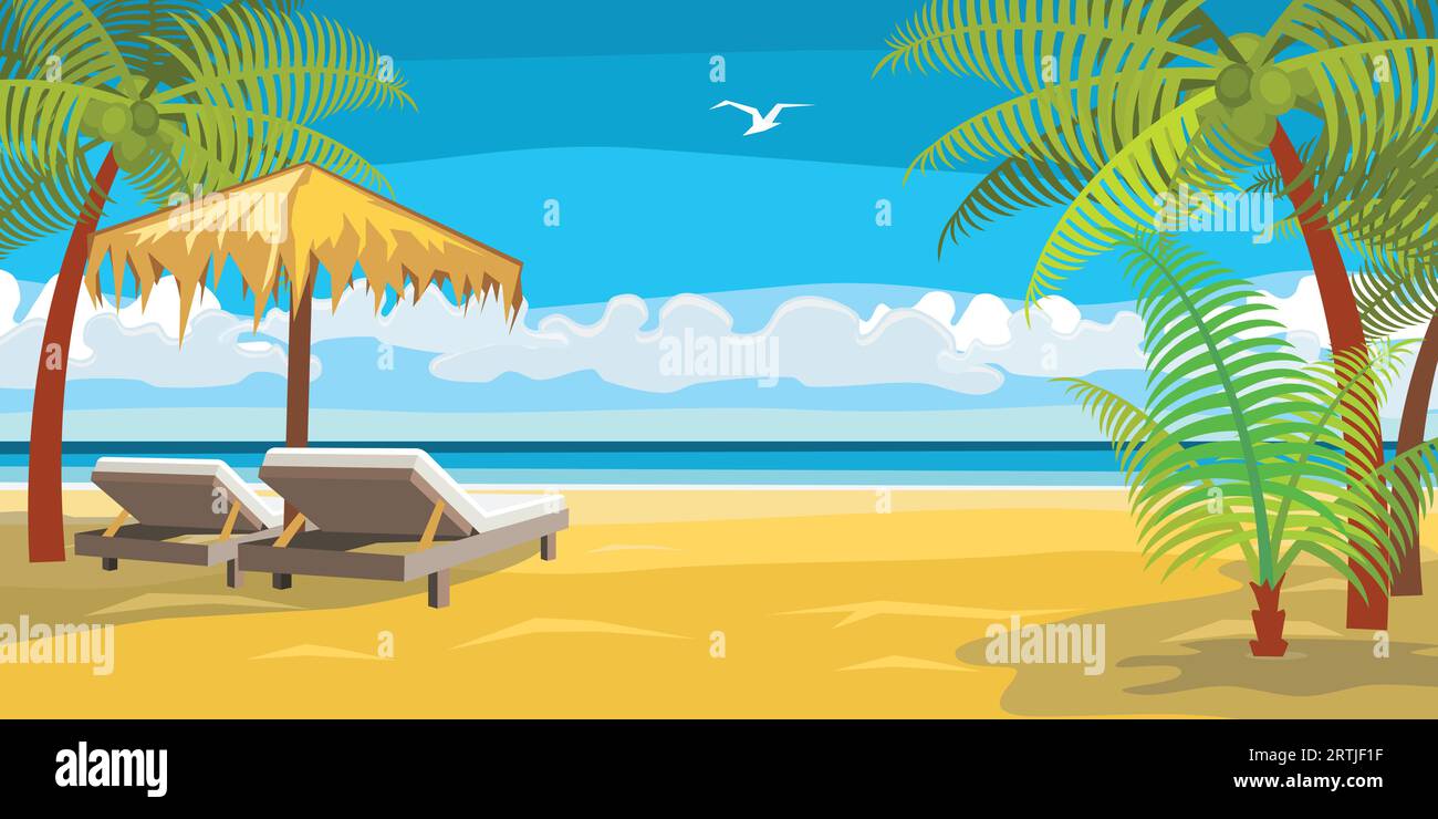 Lounge chairs under umbrella on beach Stock Vector