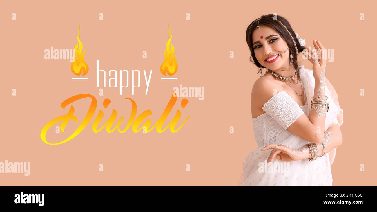 Long banner for Happy Diwali with Indian woman Stock Photo