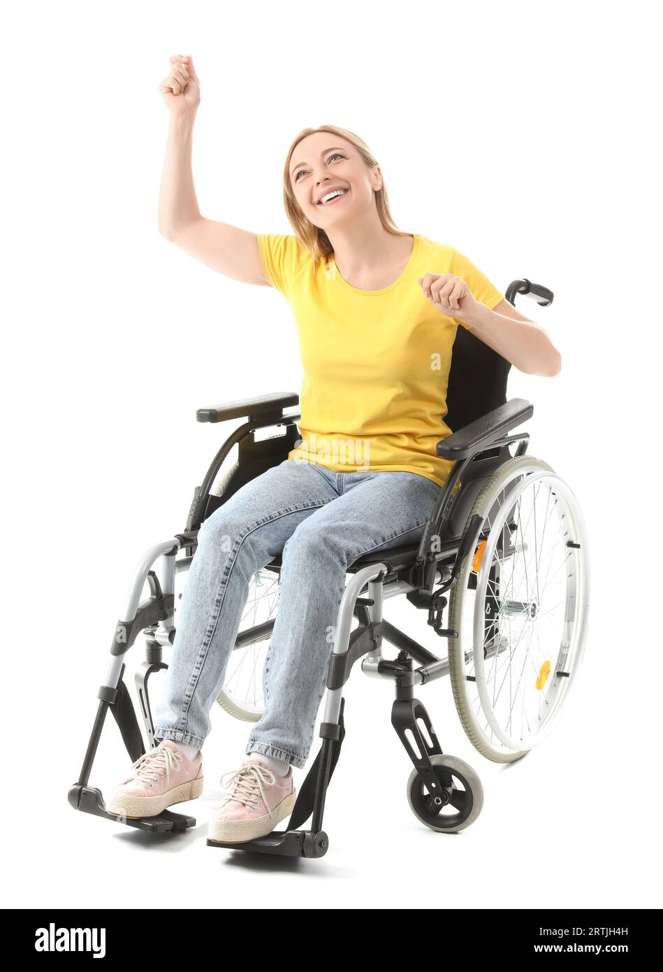 Happy mature woman in wheelchair on white background Stock Photo - Alamy